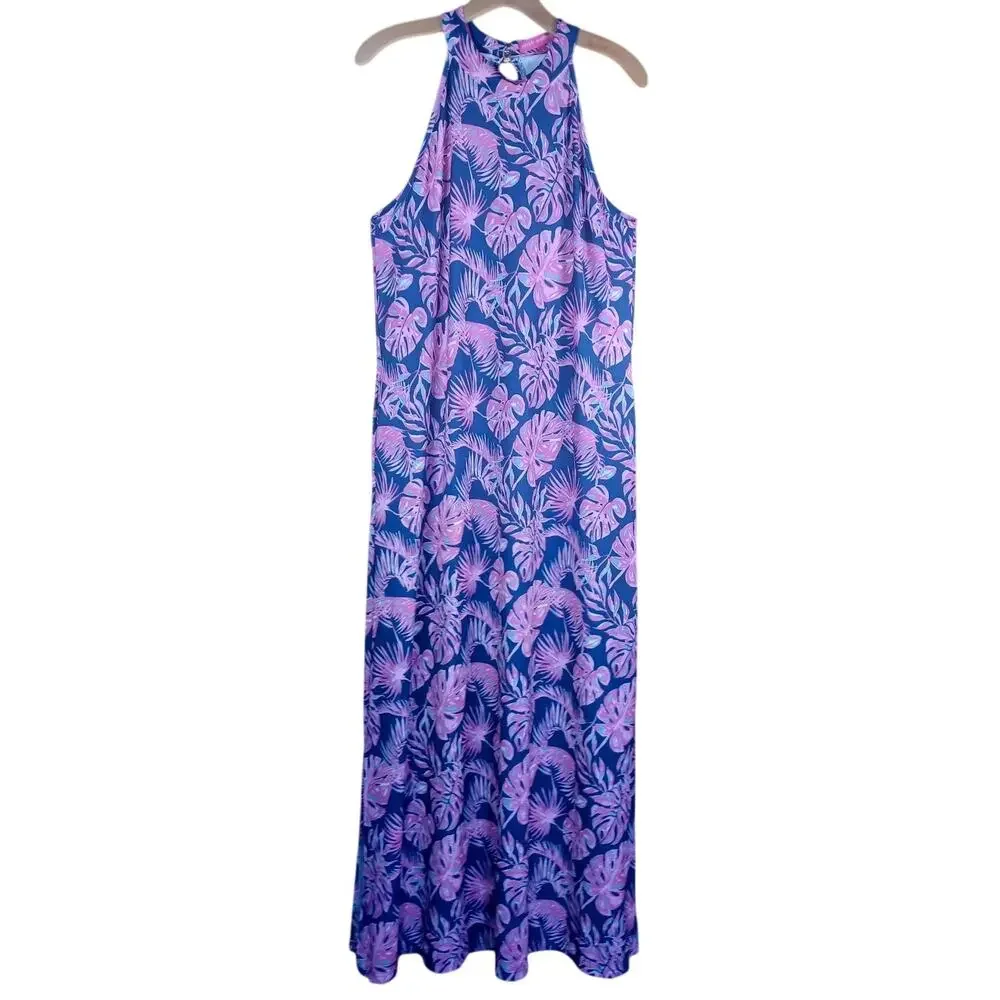 Simply Southern Tropical Palm Leaf Halter Maxi Dress Blue Pink Resort Beach L - Picture 2 of 9